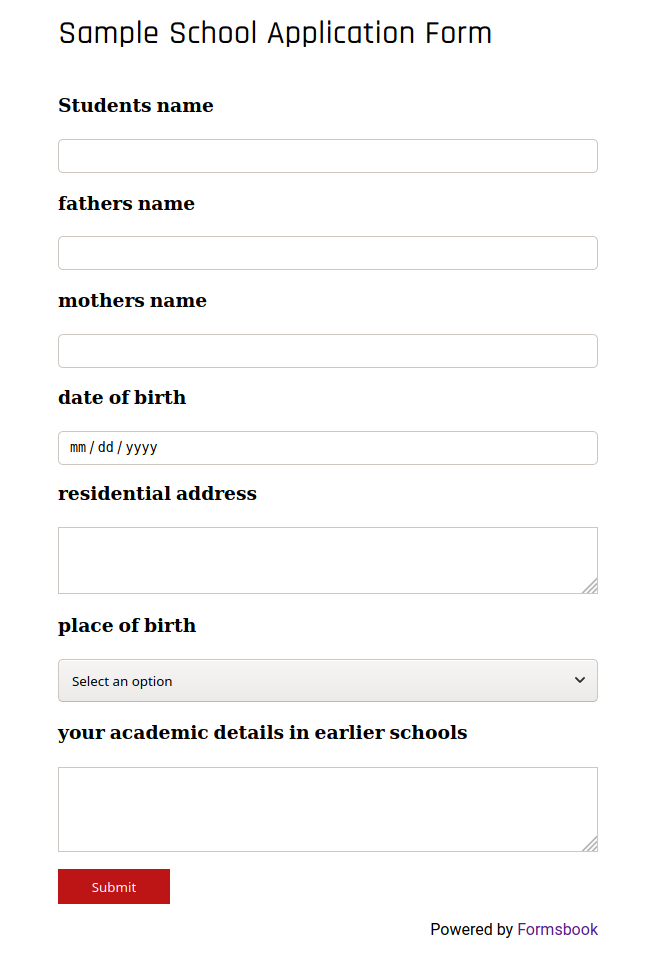 Sample School Application Form