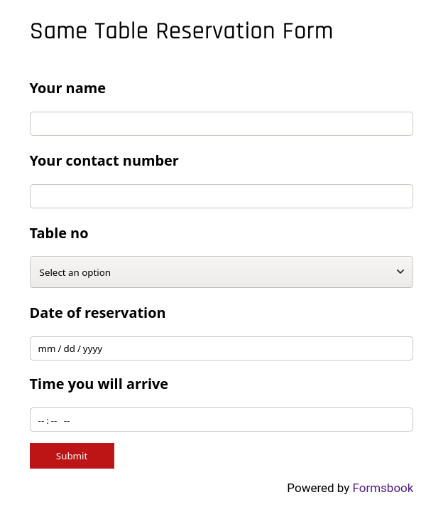 table reservation form